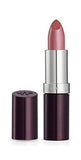Rimmel London Lasting Finish Lipstick in muted rose Heather Shimmer, with a metallic silver collar and deep plum tube.