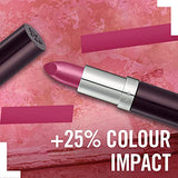 Rimmel London Lasting Finish Lipstick with a shimmering rose-pink bullet, silver band and dark plum case