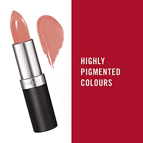 Rimmel London Lasting Finish Lipstick in a warm rose-pink shimmer shade, shown with a creamy swatch and black-and-silver tube