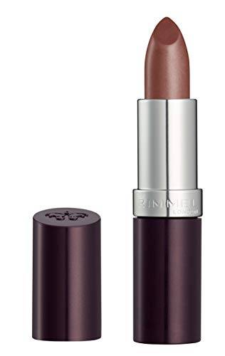 Rimmel London Lasting Finish Lipstick in a muted rosy brown shade, with a creamy bullet and deep plum tube