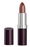Rimmel London Lasting Finish Lipstick in a muted rosy brown shade, with a creamy bullet and deep plum tube