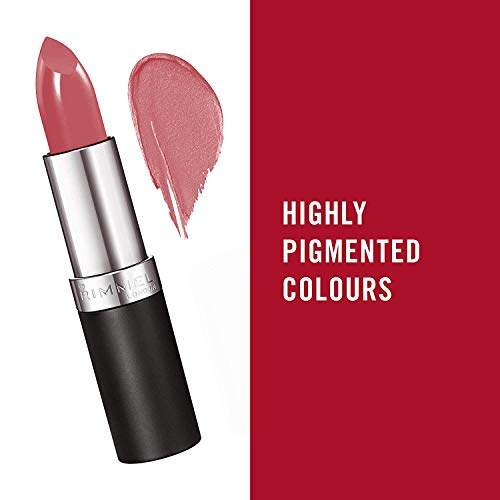 Rimmel London Lasting Finish Lipstick in rosy pink shimmer, with a creamy bullet and black and silver tube