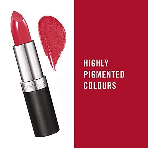 Rimmel London Lasting Finish Lipstick in rosy red with a creamy shimmer, shown beside a matching lipstick swatch