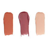 Rimmel London Lasting Finish Lipstick shown as three creamy swatches in terracotta, mauve shimmer, and pale peach shades