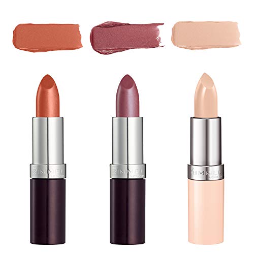 Rimmel London Lasting Finish Lipstick in three creamy shades, with coral, heather shimmer, and pale peach swatches