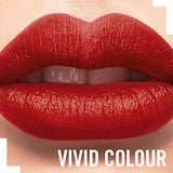 Rimmel London Lasting Finish Lipstick in vivid red, shown on lips with a glossy, richly pigmented finish.