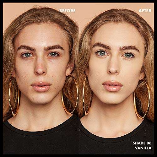 Total Control Foundation shown in a before-and-after comparison, with a smoother, more even complexion in shade 06 Vanilla