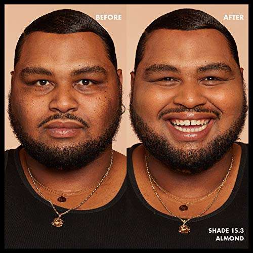 Total Control Foundation before-and-after comparison showing a bearded man with smoother-looking skin in shade 15.3 Almond