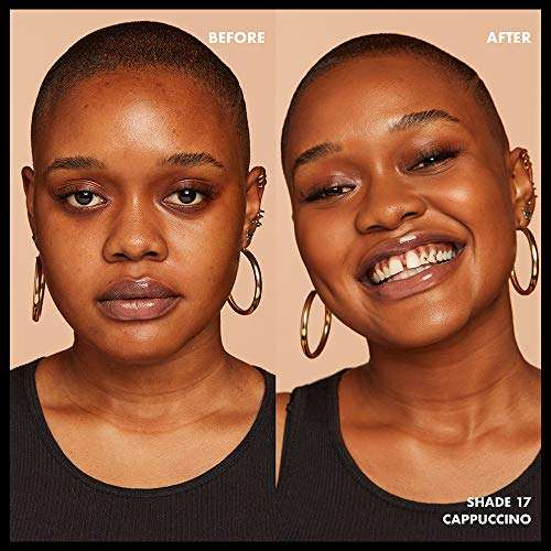 Total Control Foundation makeup before and after on a model, showing a smooth, even complexion in shade 17 Cappuccino