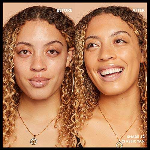 Total Control Foundation shown on a model in a before-and-after comparison, with a smooth, even finish and warm tan shade
