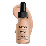Total Control Foundation in a clear glass bottle with beige liquid, black dropper cap and ribbed collar, shown with a swatch