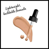 Total Control Foundation shown as a warm beige liquid swatch with a glass dropper and black cap, labelled lightweight and buildable.