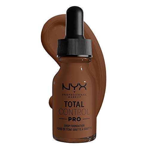 Total Control Foundation in a brown glass dropper bottle, showing a dark pipette cap and warm brown foundation swatch