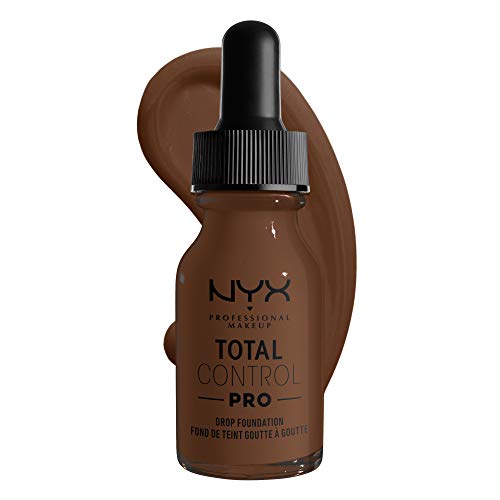Total Control Foundation in a brown glass dropper bottle with a black cap, shown with a rich brown swatch