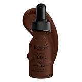 Total Control Foundation dropper bottle in deep brown with black cap, shown with a swatch of brown liquid foundation
