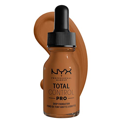 Total Control Foundation in a brown glass dropper bottle, with black cap and a warm tan foundation swatch behind it