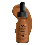 Total Control Foundation in a brown glass dropper bottle, with black cap and a warm tan foundation swatch behind it