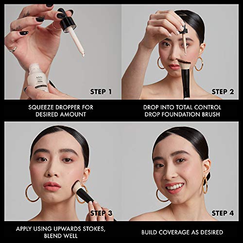 Total Control Foundation application tutorial showing a dropper, brush, and blended natural finish on a model