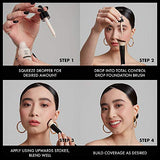 Total Control Foundation application tutorial showing a dropper, brush, and blended natural finish on a model