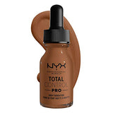 Total Control Foundation in a warm medium olive-brown shade, shown in a glass dropper bottle with black cap and applicator