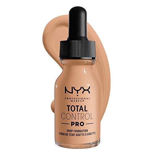 Total Control Foundation in a warm medium olive shade, shown in a glass dropper bottle with black cap and creamy swatch